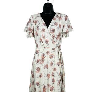 Everly Floral Wrap Dress Pink Cream Short Sleeve Midi Spring Flowy - S